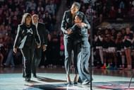 Former South Carolina player A'ja Wilson hugs head coach Dawn Staley before her jersey retirement ceremony at Colonial Life Arena on February 02, 2025 in Columbia, South Carolina. Photo: Getty